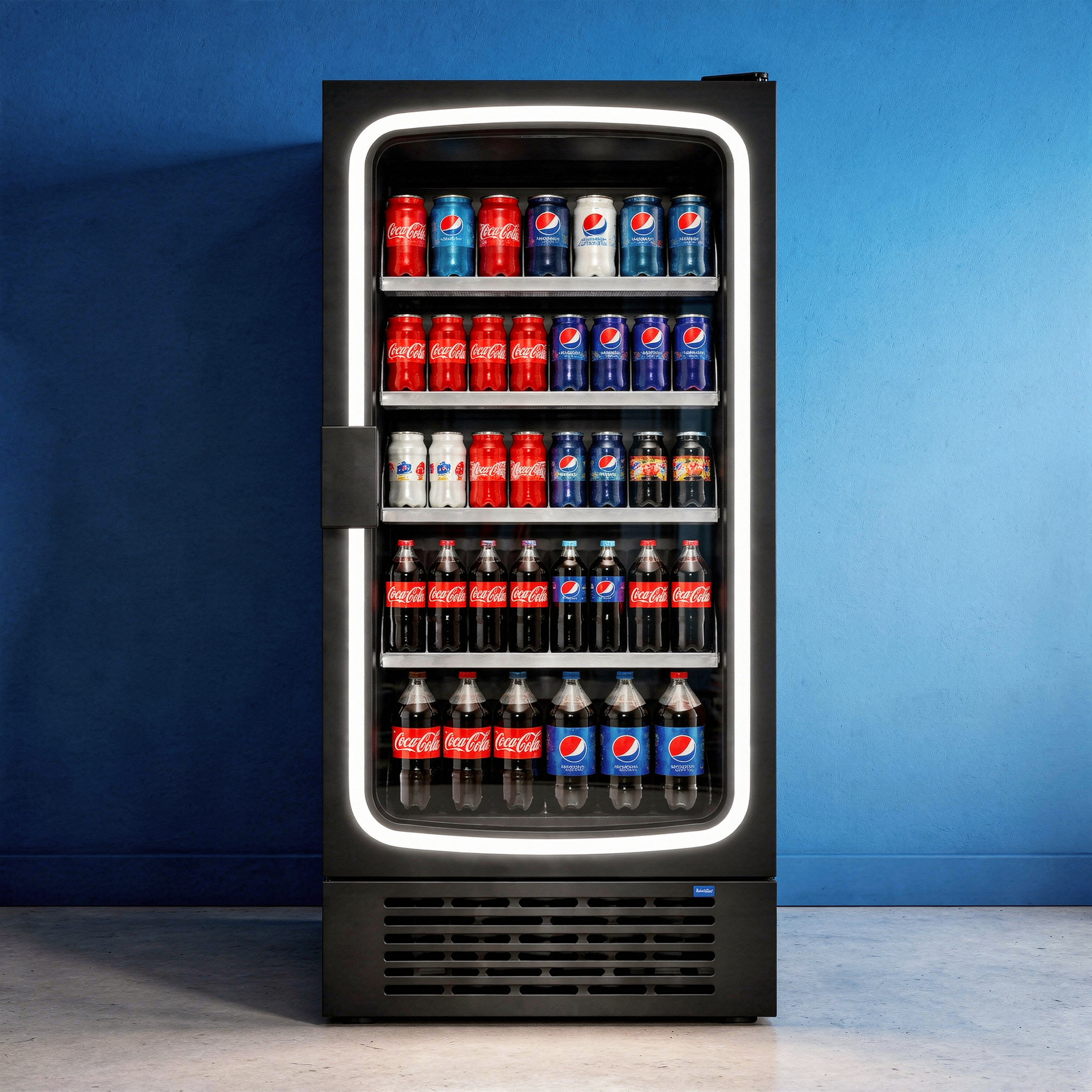 Seaga commercial beverage cooler with LED lighting stocked with beverages